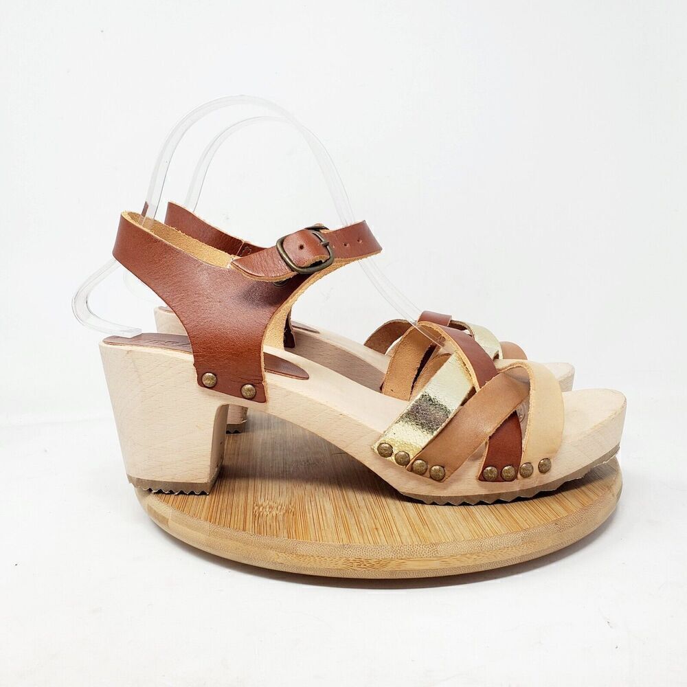 Bosabo Clog Womens 40 Madeline‎ 236 Brown Gold Leather Wood Sandals Buckle Shoes